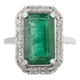 5.24 Carat Zambian Emerald Estate Diamond Ring Size 5 in 14k White Gold For Sale