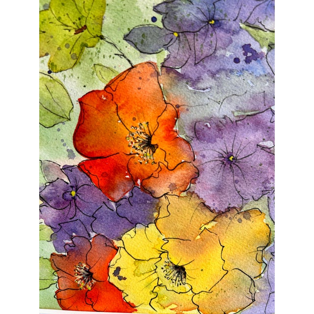Metal Original Framed Watercolor Painting “Iceland Poppies and Sweet Peas” For Sale - Image 7 of 12