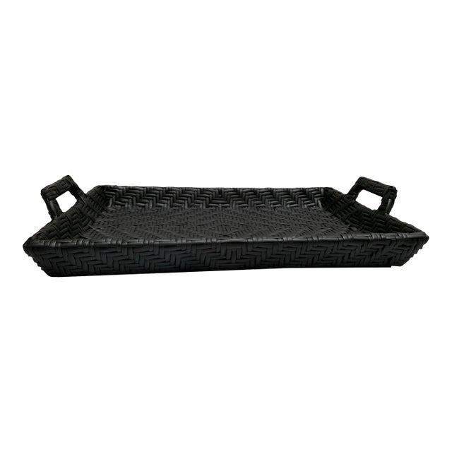 Elegant Rustic Black Wicker Serving & Decor Tray For Sale
