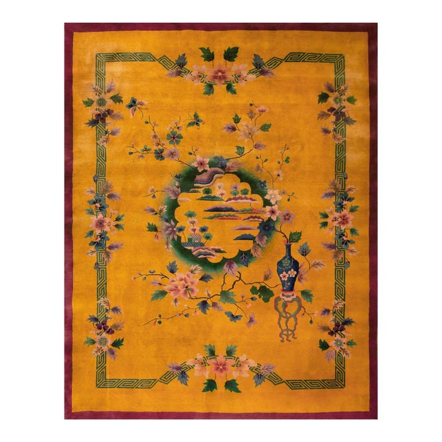 Vigorous Gold-Bronze Background With Spcial Bits of Chinese Ornament in a Chinoiserie Pattern Antique Art Deco Rug For Sale