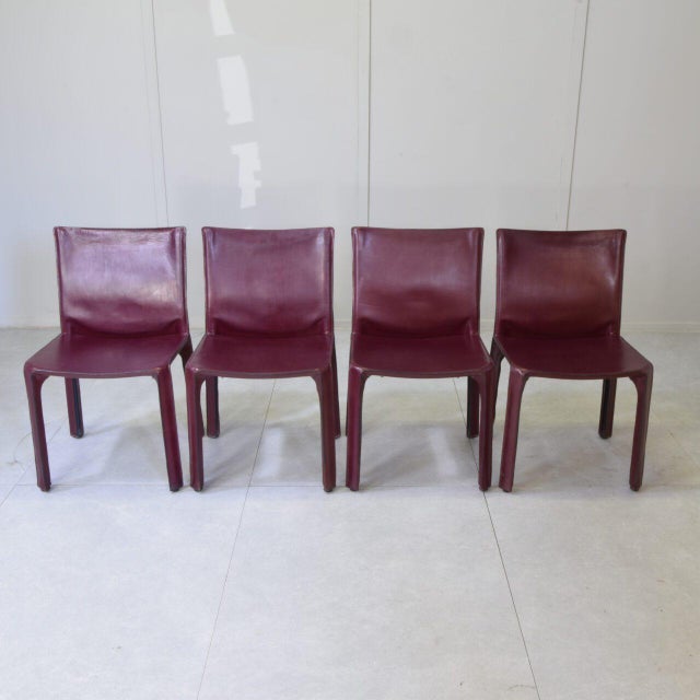 Maroon Cab 412 Chairs in Burgundy Leather by Mario Bellini for Cassina, 1970s, Set of 4 For Sale - Image 8 of 14