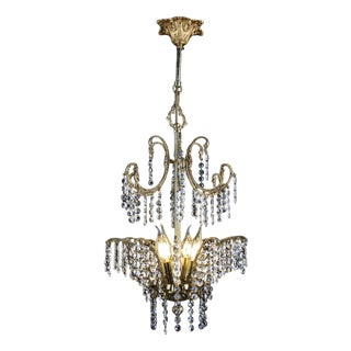 Brass Chandelier with Crystal Trimmings For Sale