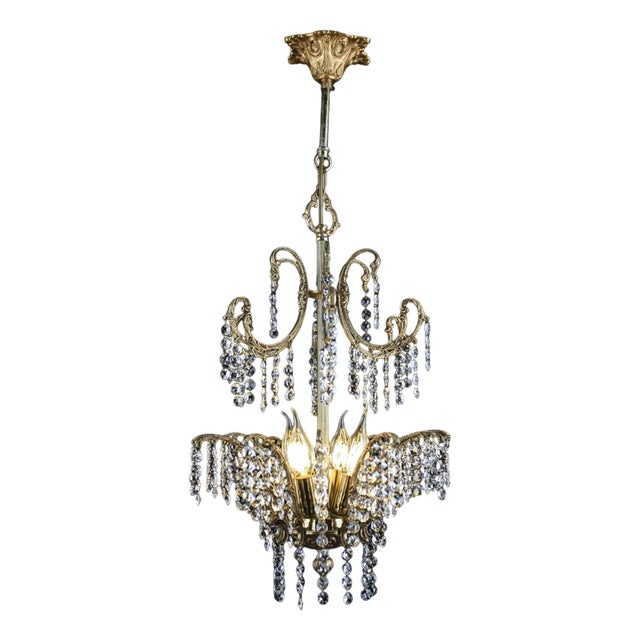 Brass Chandelier with Crystal Trimmings For Sale