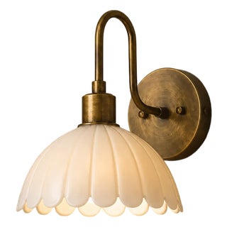 Handcrafted Brass Wall Sconce With Scalloped Opal Glass Shade, Bedroom Wall Lamp For Sale