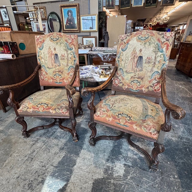 Antique Walnut Armchairs Upholstered with Aubusson, France, 1700, Set of 2 For Sale - Image 6 of 18