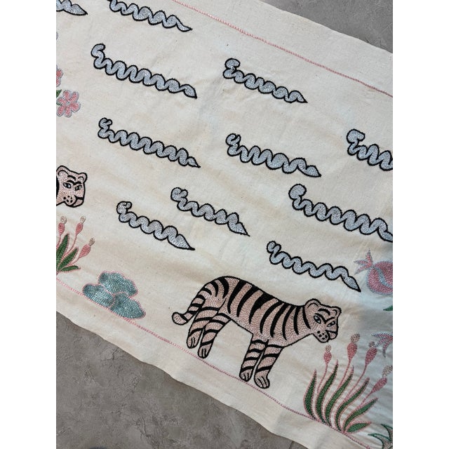 2010s Silk Suzani Table Runner With Three Tigers and Clouds For Sale - Image 5 of 5