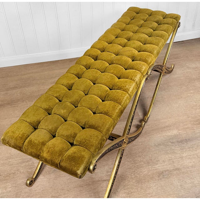 1970s Vintage French Regency Double X Gilded Green Velvet Tuft Window Bench For Sale - Image 5 of 15