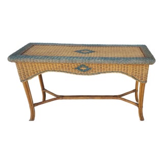 Vintage Wicker Console Table Beautiful Diamond Design Moss Green Paint For Sale