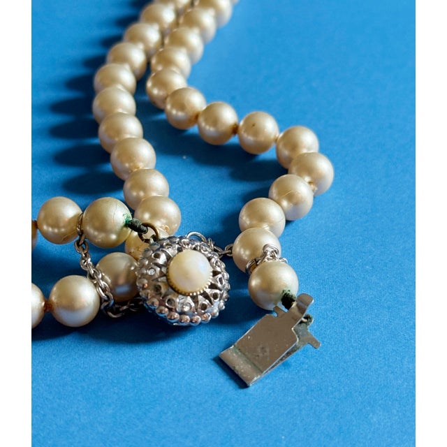 Napier Vintage Mid Century Glass Faux Pearl Necklace With Filigree Box Clasp For Sale - Image 4 of 12