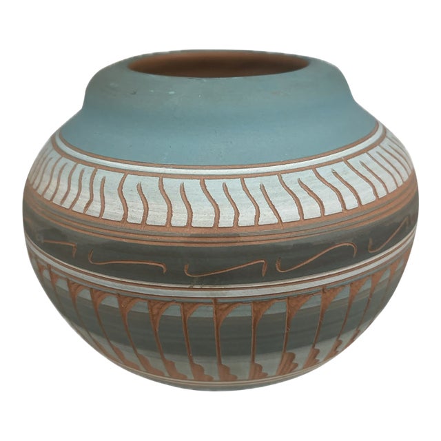 1980s Native American Navajo Hand Etched and Hand Painted Pottery by Dena J. For Sale