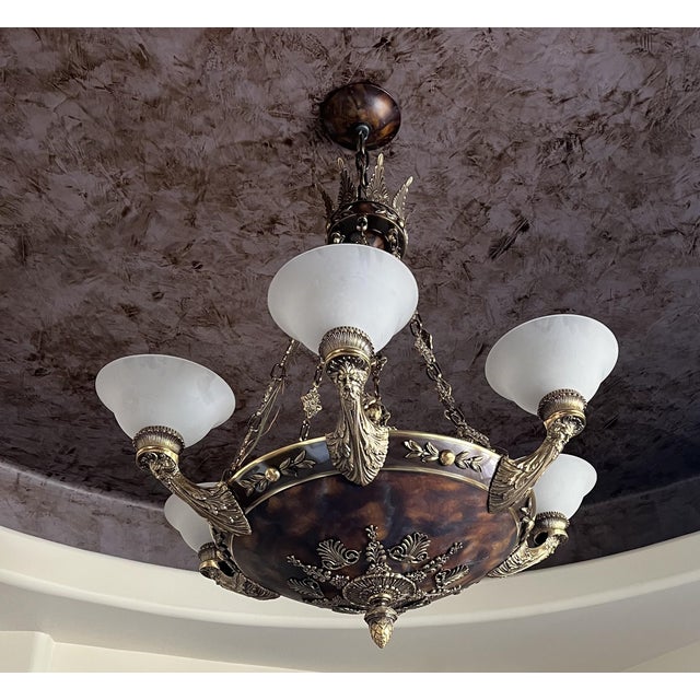 Neoclassical Vintage French Neoclassical / Empire Style Gilt Bronze Chandelier With Tortoiseshell Patterned Bowl and Translucent Glass Shades For Sale - Image 3 of 7