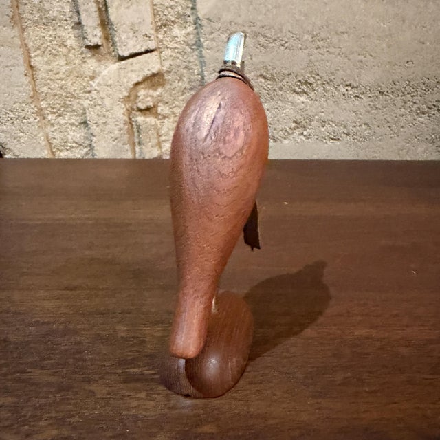 For your consideration, wooden bottle and wine opener in the shape of a bird. Mid Century Modern. Unmarked. Teak wood....