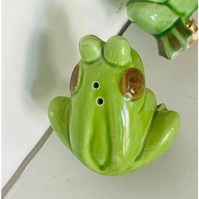1960s Pair Cute Ceramic Frog Figurines Lamp Finials For Sale - Image 4 of 5