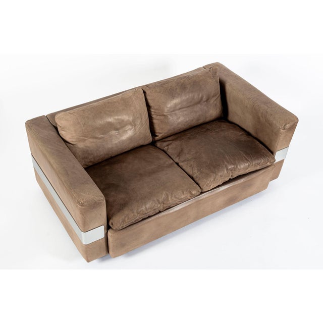Mid Century German Distressed Brown Leather Sofa Style of Robert Haussmann For Sale - Image 9 of 14