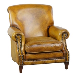 Large English Cowhide Yellow Armchair with Correct Finish with Decorative Nails For Sale