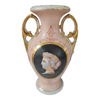 Antique Bohemian Pink Portrait Porcelain Vase With Gilt Handles, Circa 1900 For Sale
