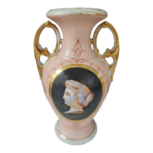 Antique Bohemian Pink Portrait Porcelain Vase With Gilt Handles, Circa 1900