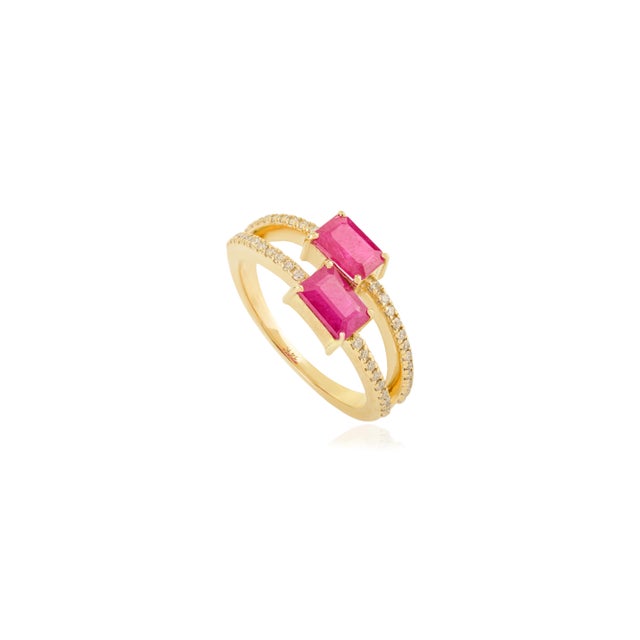 14k Yellow Gold Prong Set Ruby Diamond Split Bypass Ring Size 5.5 For Sale - Image 4 of 13