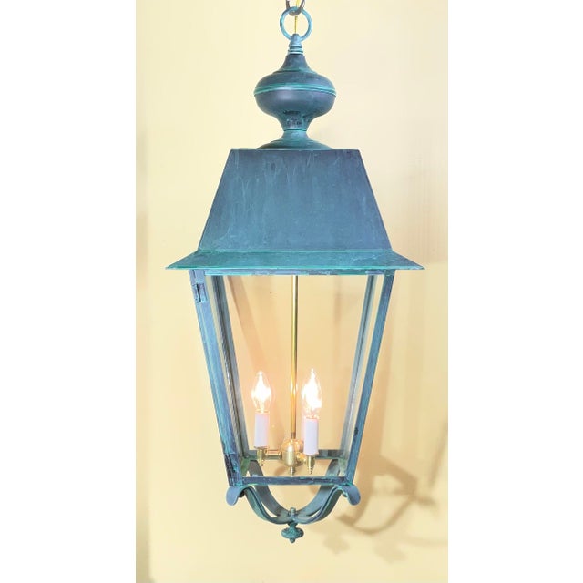 Metal Pair of Solid Verdigris Brass Hanging Lanterns. 14” X 14” X 33” For Sale - Image 7 of 16