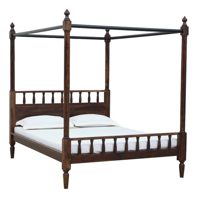 Handcrafted Solid Mango Queen Size Four Poster Bed in Teak Finish | Traditional Colonial Style Wooden Canopy Bed | Bedroom Furniture From India For Sale
