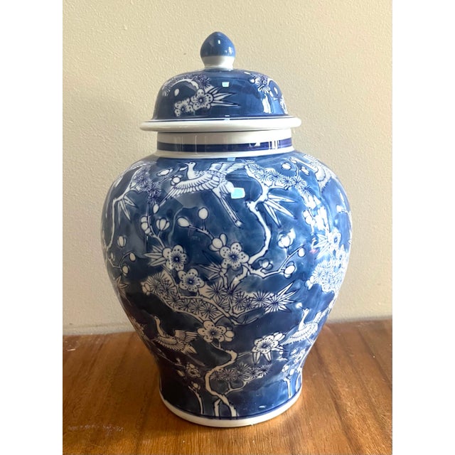 Ceramic Classic Chinoiserie Blue and White Ceramic Ginger Jar With Handpainted Phoenix Birds Design For Sale - Image 7 of 8