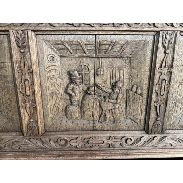 Antique French Carved Oak Bench with Tavern Scene, 1850 For Sale - Image 4 of 18