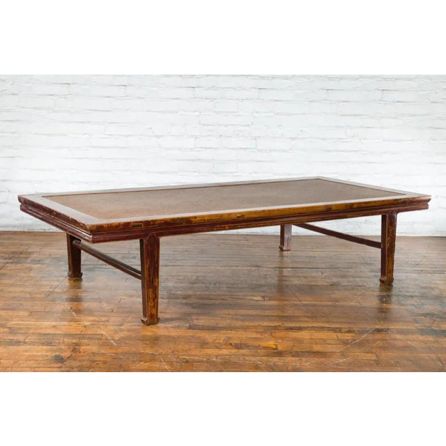 Wood Chinese Qing Dynasty Elm Opium Bed Coffee Table with Rattan Top and Distressing For Sale - Image 7 of 13