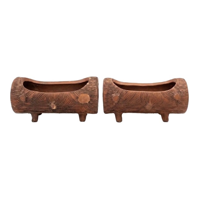 A Pair of Vintage Faux Bois Terracotta Log Planters For Sale