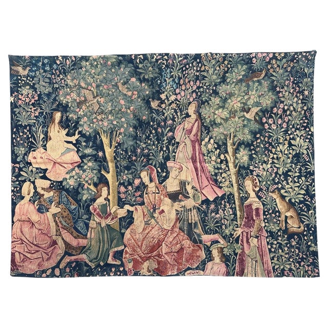 French Medieval Style Hand-Printed Tapestry, 1960s For Sale