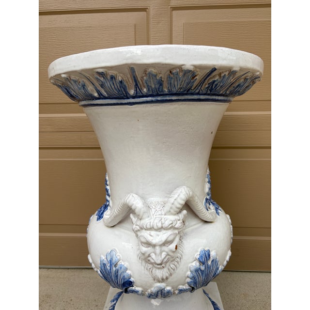 Monumental Blue & White Majolica Grecian Urn With Jupiter Ammon Motifs For Sale - Image 12 of 17