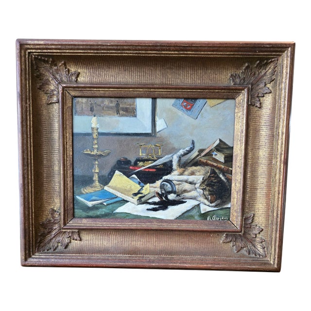 Antique Signed Painting Trompe l'Oeil Mischievous Cat For Sale
