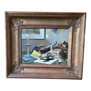 Antique Signed Painting Trompe l'Oeil Mischievous Cat