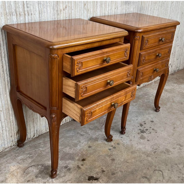 Brown Pair of Louis XVI Style Nightstands With Three Drawers and Cabriole Legs For Sale - Image 8 of 13