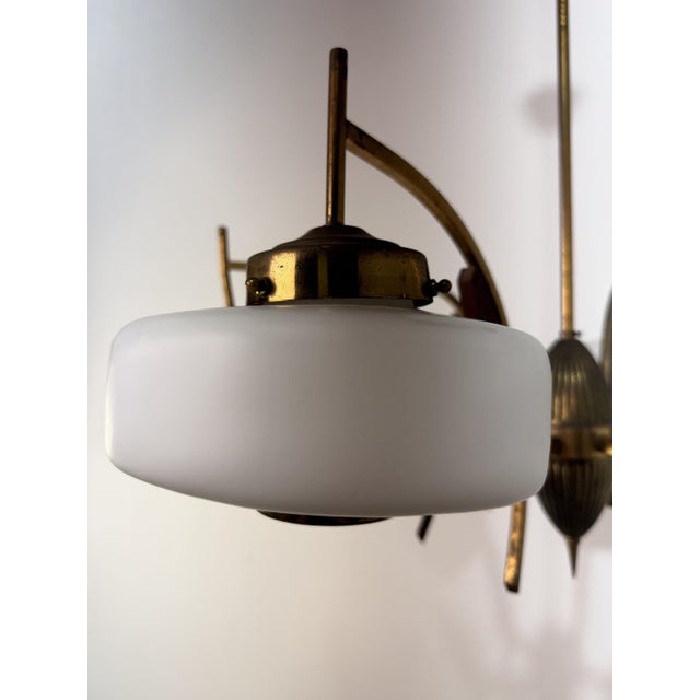 Metal 6-Light Chandelier in Brass, Wood and Opal Glass in the style of Stilnovo, 1950 For Sale - Image 7 of 11