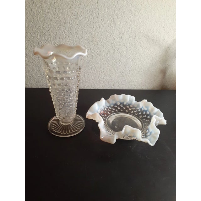 1960s 1960s Fenton White Hobnail Opalescent Ruffled Bowl & Bud Vase Set - 2 Pieces For Sale - Image 5 of 7