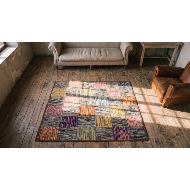 1930s Multicolor Checks Folk Art Antique American Hooked Rug 3' X 5' Handknotted Cotton Wool Carpet For Sale - Image 9 of 9