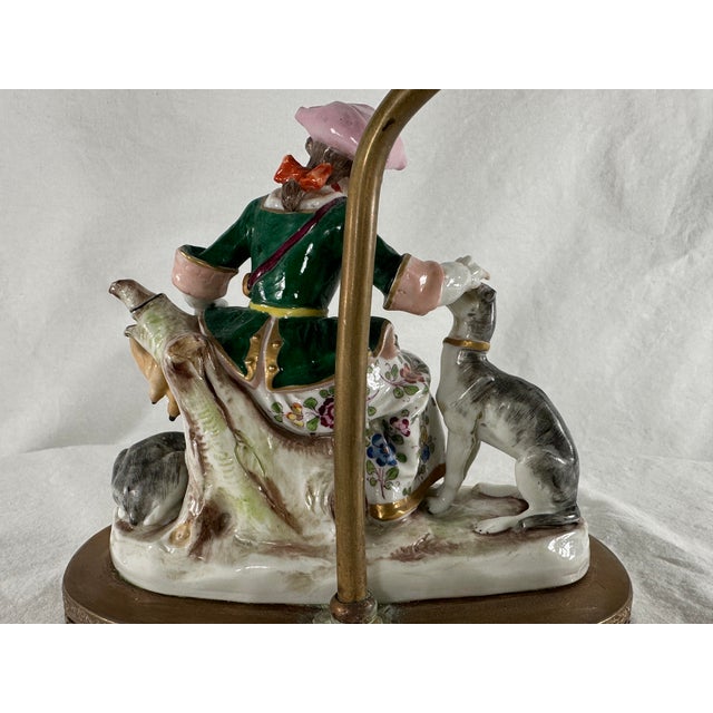 Mid 20th Century Figural Accent Lamp Lady and Hunting Dogs Porcelain With Custom Shade For Sale - Image 10 of 12