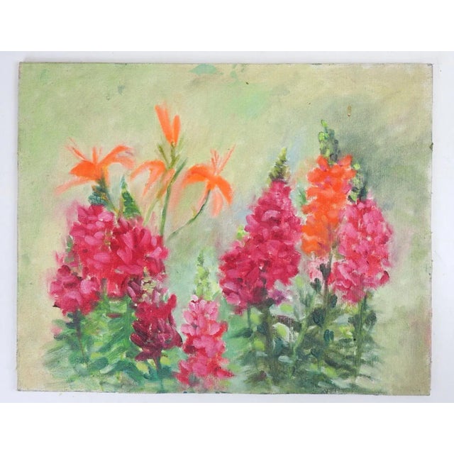 Vintage 1997 oil on canvas board painting of a flower garden with lilies and snapdragons. Signed by Ahuva Shweiki (20th...