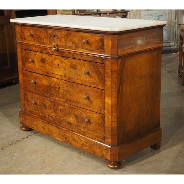 Antique French Burl Walnut Louis Philippe Style Commode White Carrara Marble Top, Late 1800s For Sale - Image 18 of 18