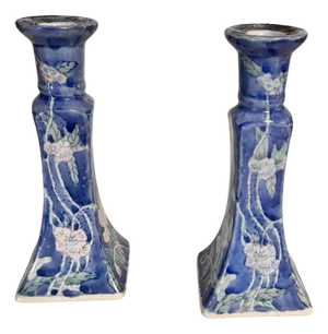 French Candleholder in Blue Ceramic, France, 1970s, Set of 2