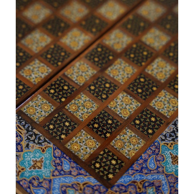 Persian Compact Khatam Marquetry and Tazhib Chess & Backgammon Set With Mother-of-Pearl For Sale - Image 3 of 6