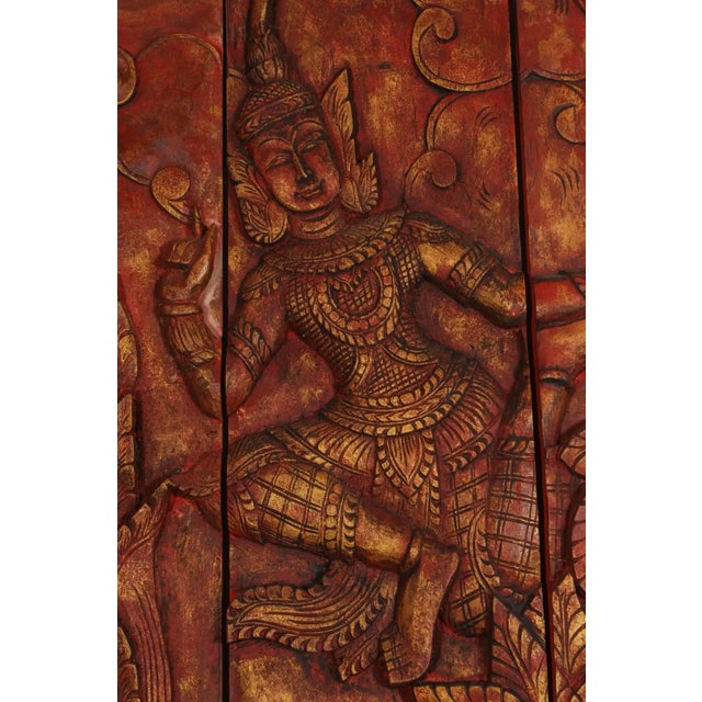 Monumental Vintage Thai Hand-Carved Wood Kinnari Wall Panel, Red and Gold For Sale - Image 14 of 15