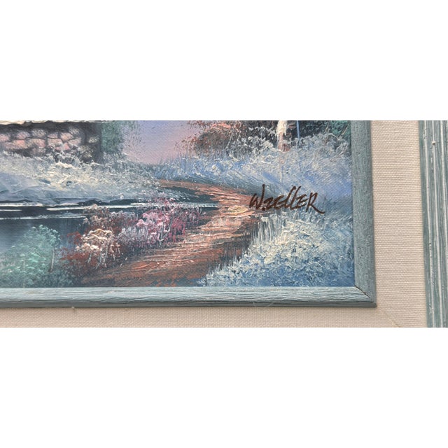 Linen W Zeller Original Oil Painting Winter Snow Scene Forest Cabin Framed Art For Sale - Image 8 of 11