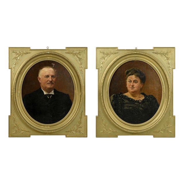 Moreau Deschamps, Portraits of a Belgian Couple, 1905, Oil on Canvases, Framed, Set of 2 For Sale