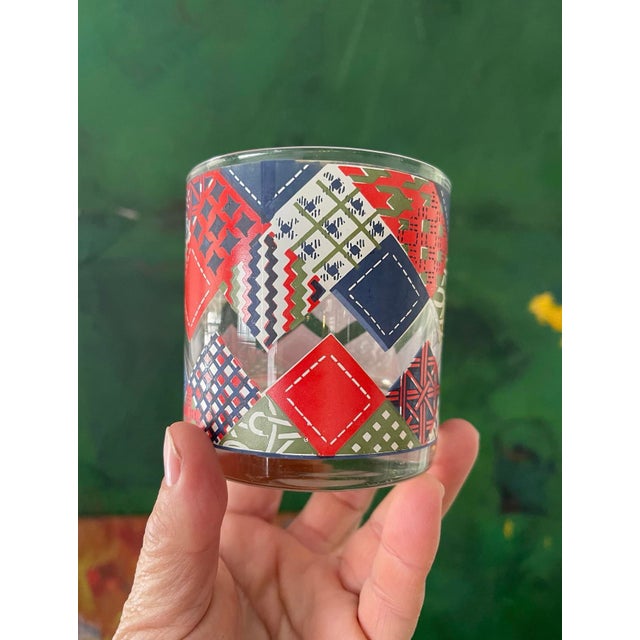 Glass Vintage Cora Red and Blue Patchwork Lowball Whiskey Glasses - Set of Four (4) For Sale - Image 7 of 7