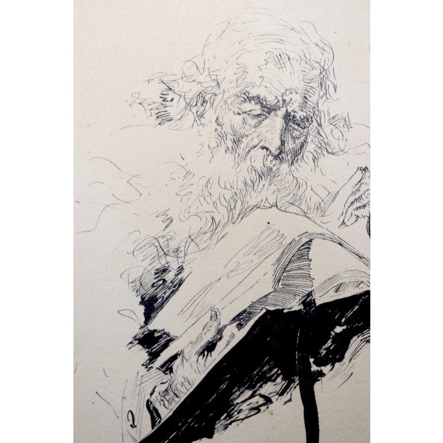 Religious Antique 1800's Victorian Religious Jewish Rabbi Portrait Ink Drawing Framed Art For Sale - Image 3 of 12