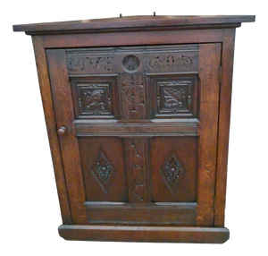 Antique Victorian Gothic Revival Oak Wall-Hanging Corner Cupboard, 1840