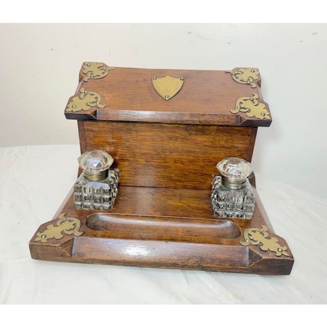 Antique 19th Century English Wood Oak Bronze Inkwell Desk Letter Writing Stand For Sale In New York - Image 6 of 15
