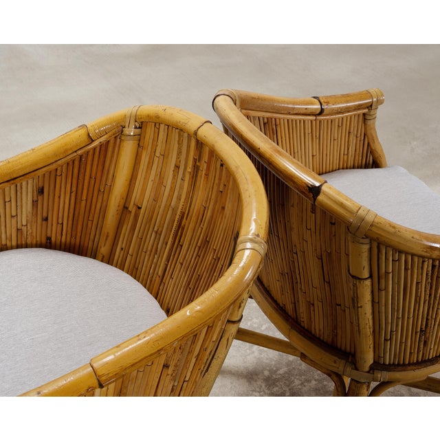 Amber Set of Four McGuire Barrel Back Rattan Bamboo Dining Armchairs For Sale - Image 8 of 18