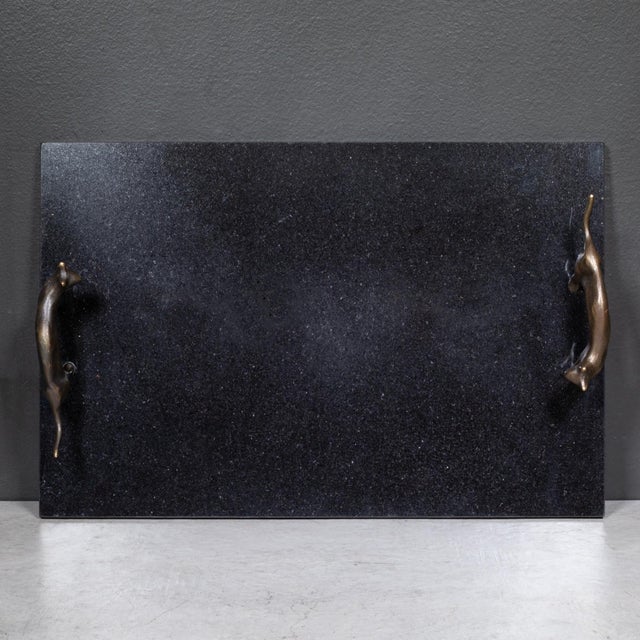 Metal Vintage Michael Aram Black Granite and Bronze Cat Serving Tray c.1990 For Sale - Image 7 of 10